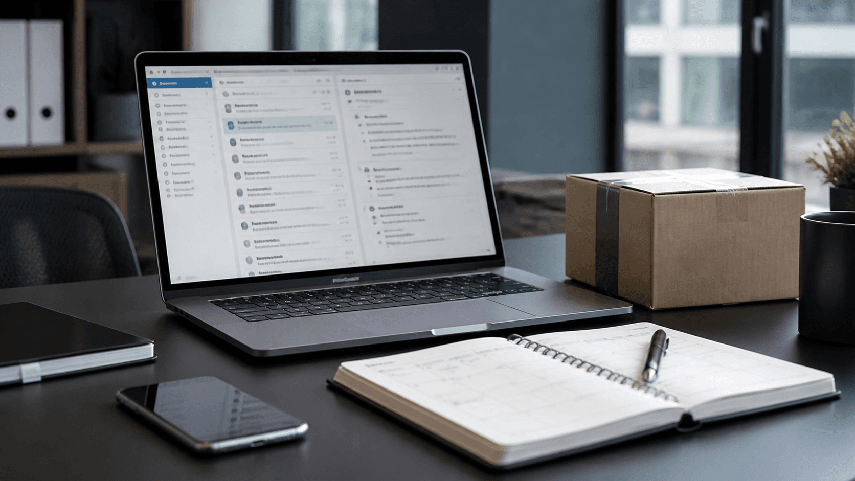 Un ordinateur ouvert sur une messagerie, un agenda et un colis dans un bureau professionnel.