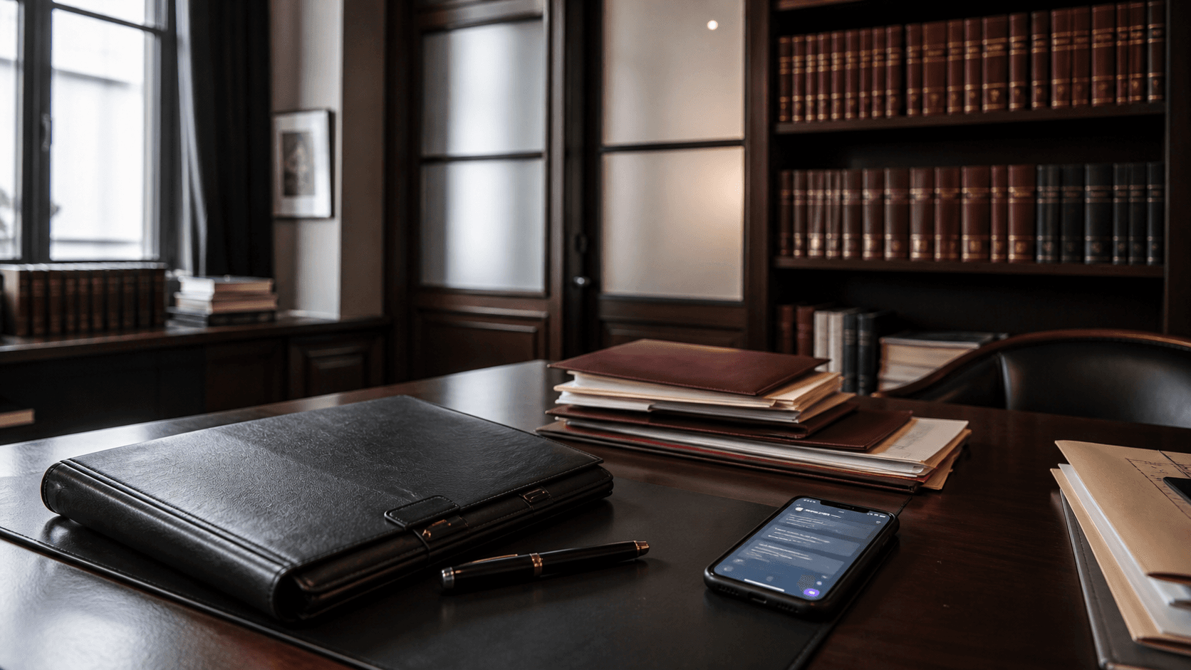 Bureau d’avocat avec dossiers juridiques et téléphone affichant une interface d’intelligence artificielle.